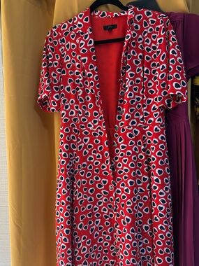 J. Crew Red Short-Sleeve Midi Dress with Heart Spot Print